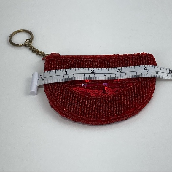 VTG Seed Bead & Sequin Deep Red Lips Coin Purse Key Ring - Picture 6 of 7